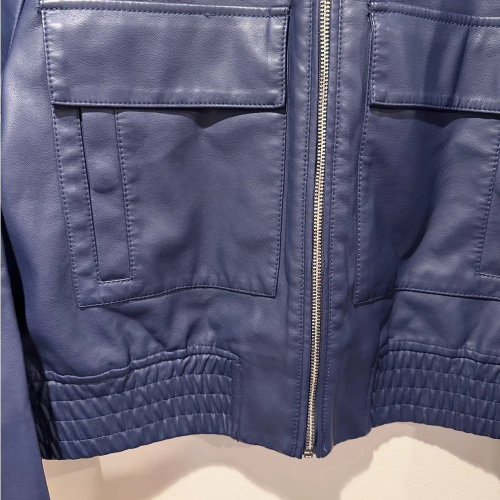 Kensie French Navy Faux Leather Bomber Jacket Large NWT